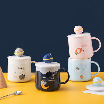 Cosmic Charm in Every Sip: Planet Ceramic Cup, Lid & Spoon Set