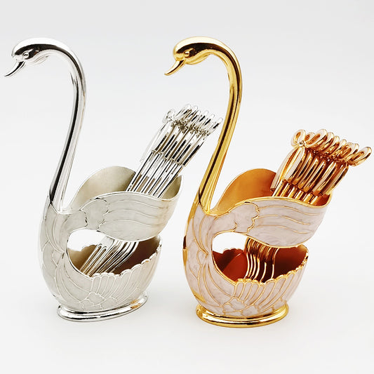 Swan Base Tableware Set: Elegant Fruit Forks & Coffee Spoons Combo
