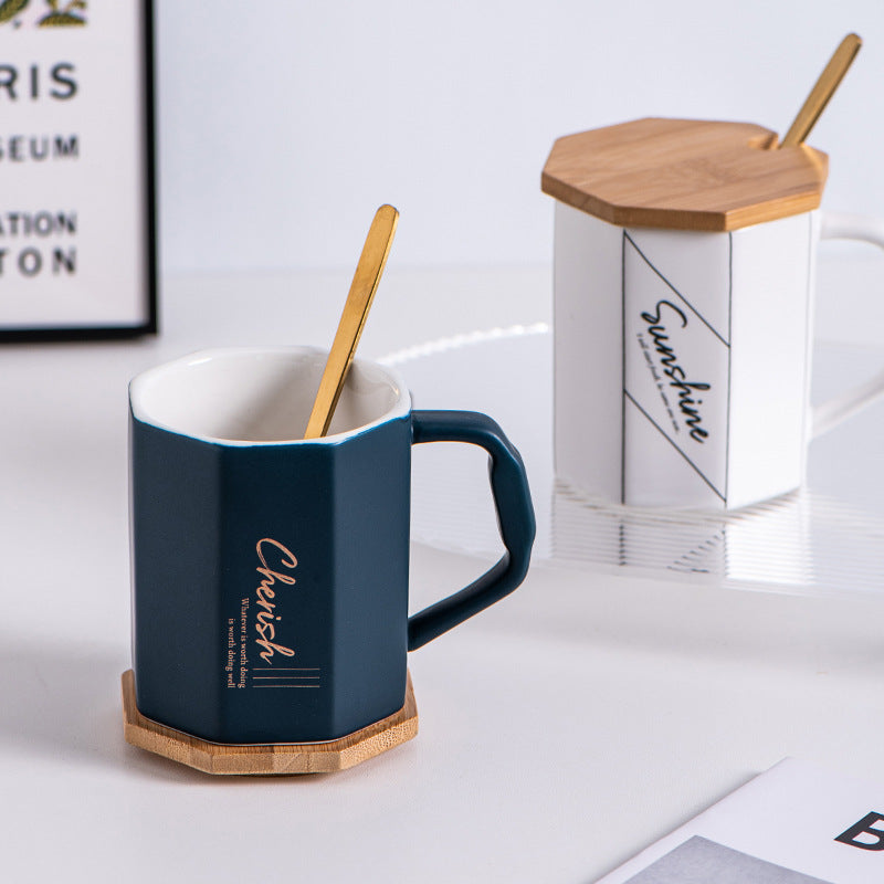 Sleek & Elegant: The Octagonal Nordic Style Ceramic Coffee Cup & Lid Set