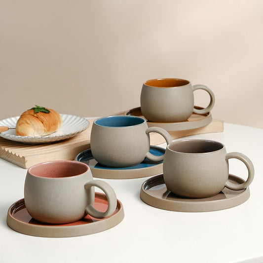 Savour Serenity: Japanese-Style Retro Stoneware Coffee Mug & Saucer Set