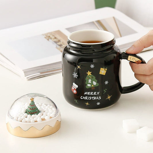 Christmas Ceramic Cup with Lid - Festive Coffee and Milk Mug