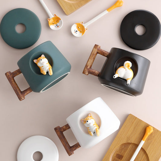 Start Your Day with a Smile: Adorable Shiba Inu Coffee Mug, Lid & Spoon Set