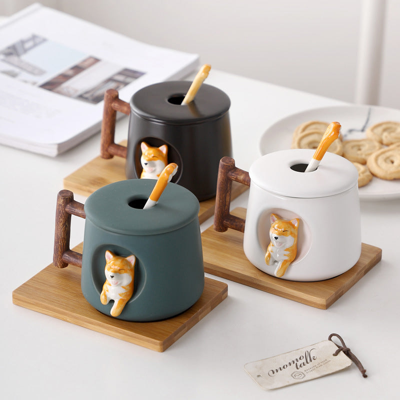 Start Your Day with a Smile: Adorable Shiba Inu Coffee Mug, Lid & Spoon Set
