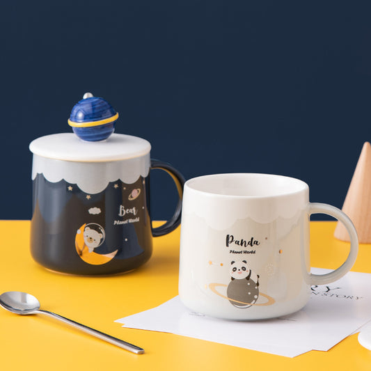 Cosmic Charm in Every Sip: Planet Ceramic Cup, Lid & Spoon Set