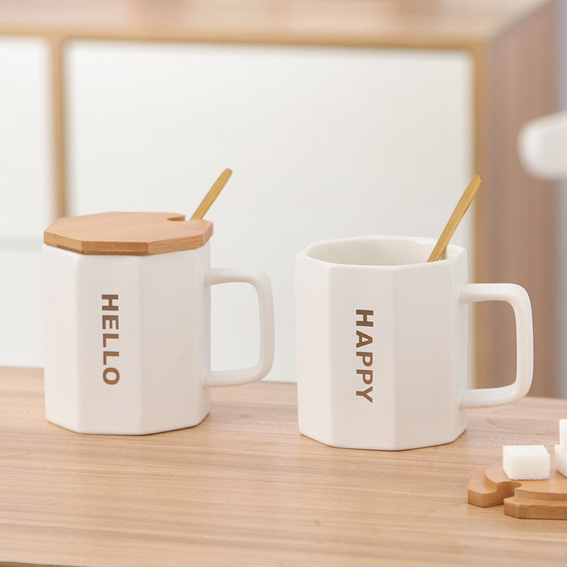 Brighten Your Day: 'Happy, Hello, Luck, Good' Ceramic Mug with Lid - A Daily Dose of Positivity