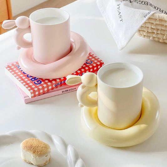 Charming Rabbit Ceramic Coffee Mug and Saucer Set - Elevate Your Tea Time